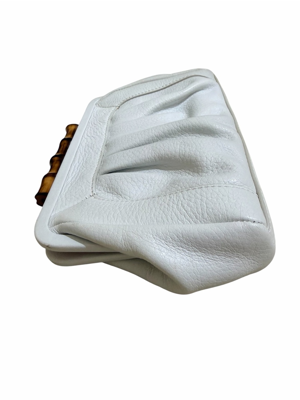 Elaine Turner White Leather Clutch Bamboo Handle with Small Mirror Chic Boho - Picture 5 of 11